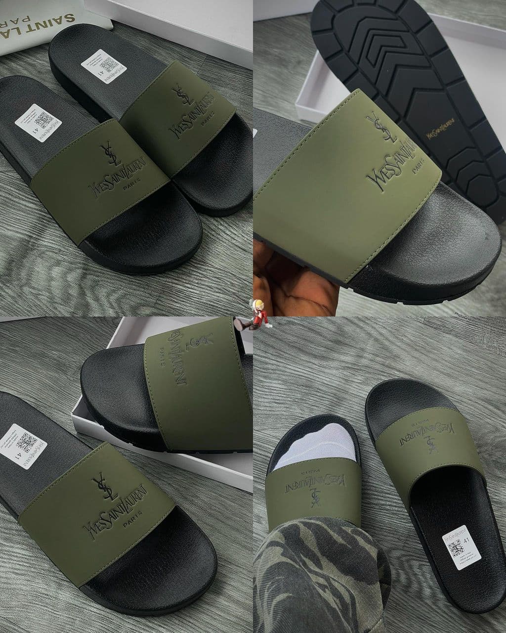 Collage of olive green YSL slides showing multiple angles, box, and sole details.