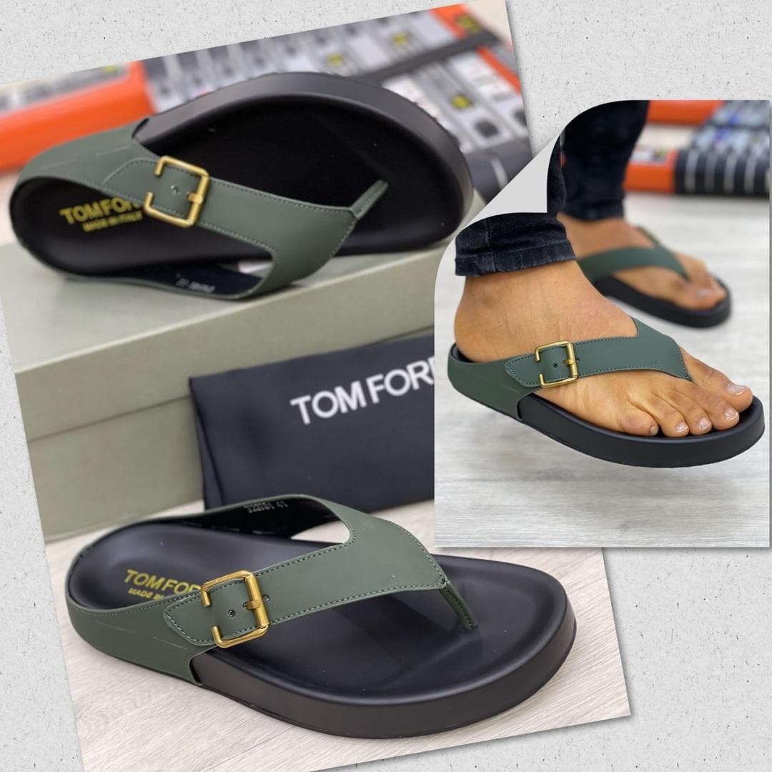 Olive green Tom Ford thong sandals with gold buckle shown in multiple angles including on foot.