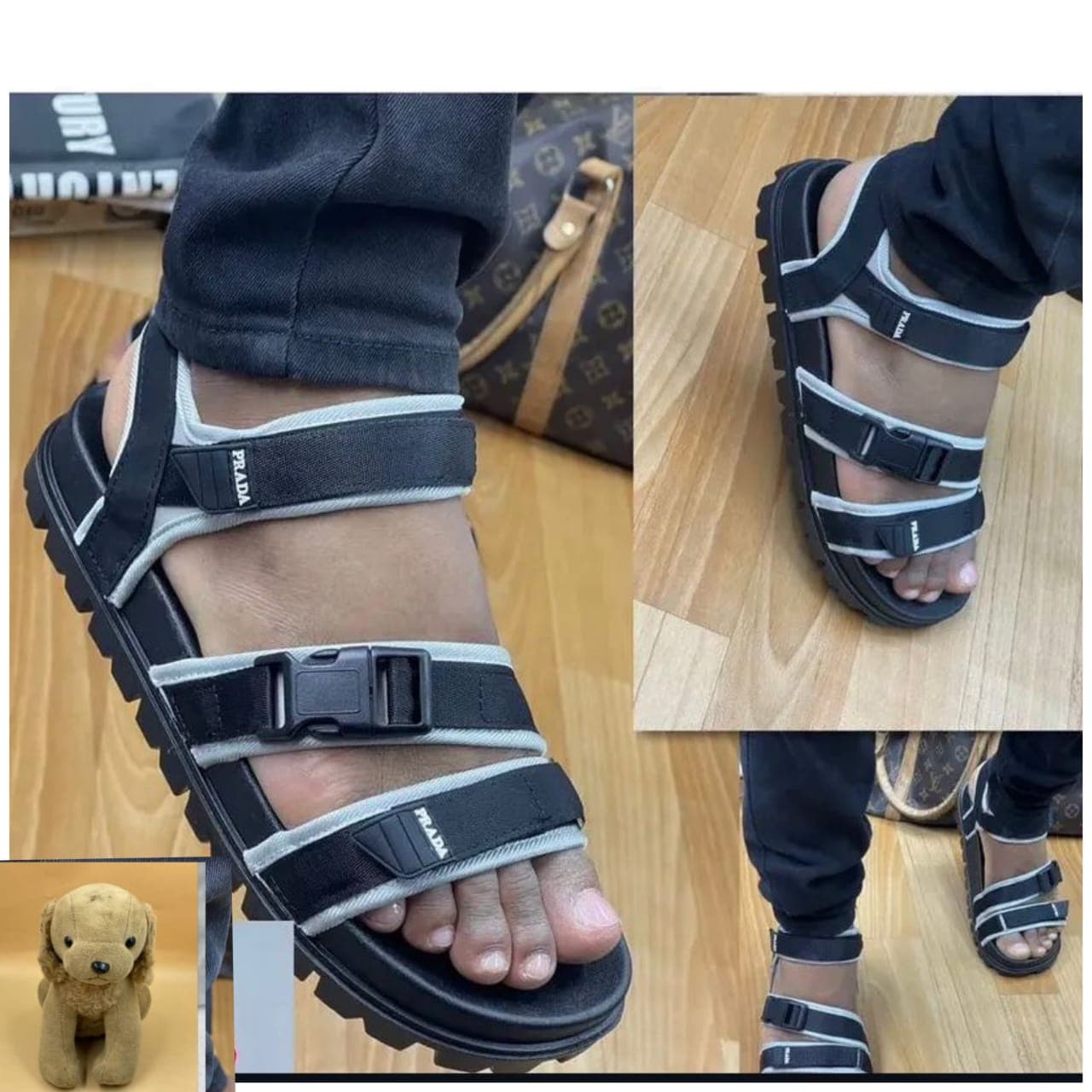 Black Prada multi-strap sandals with buckles and white accents shown worn from multiple angles.