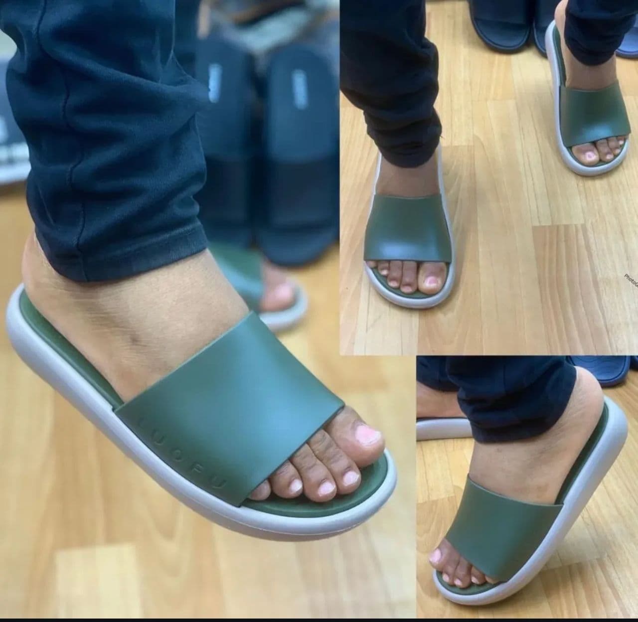Olive Luofu platform slides on a person with detailed views of the strap and sole.