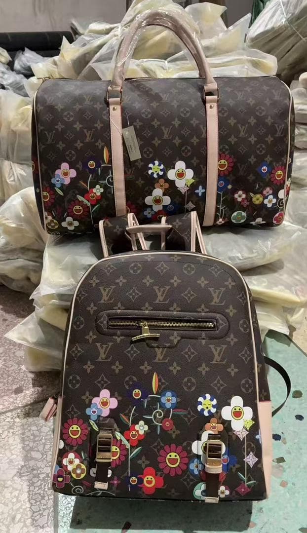 Brown LV monogram backpack and duffle with colorful floral smiley prints.