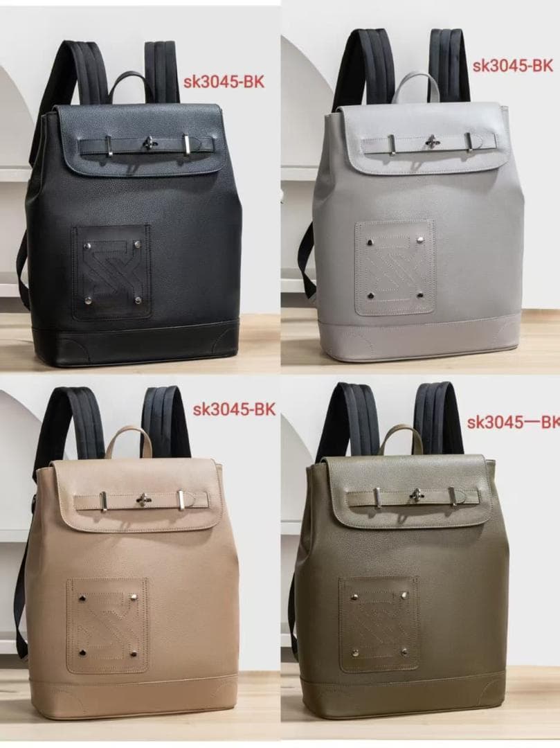 SK backpacks displayed in black, gray, beige and olive colors side by side.