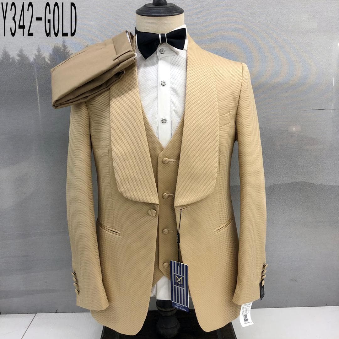 Gold textured three-piece suit with shawl lapels and bow tie on mannequin.