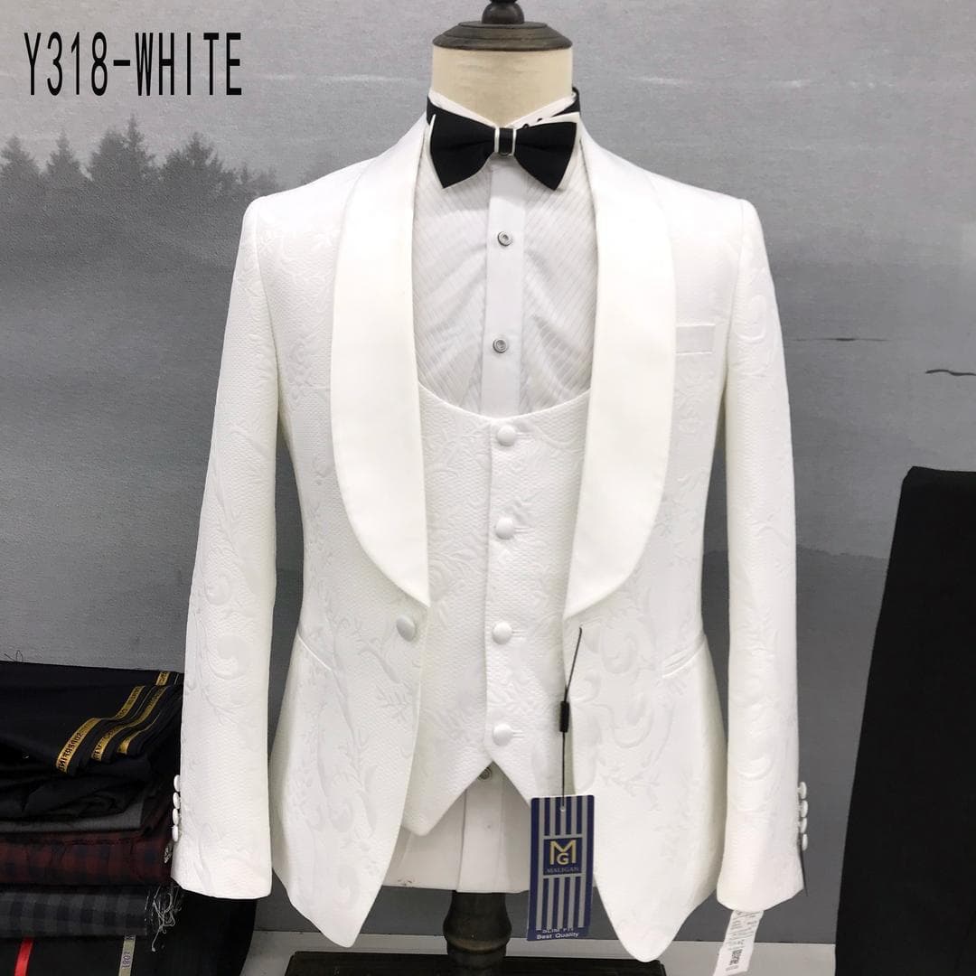 White patterned tuxedo suit with shawl lapels and vest on mannequin.