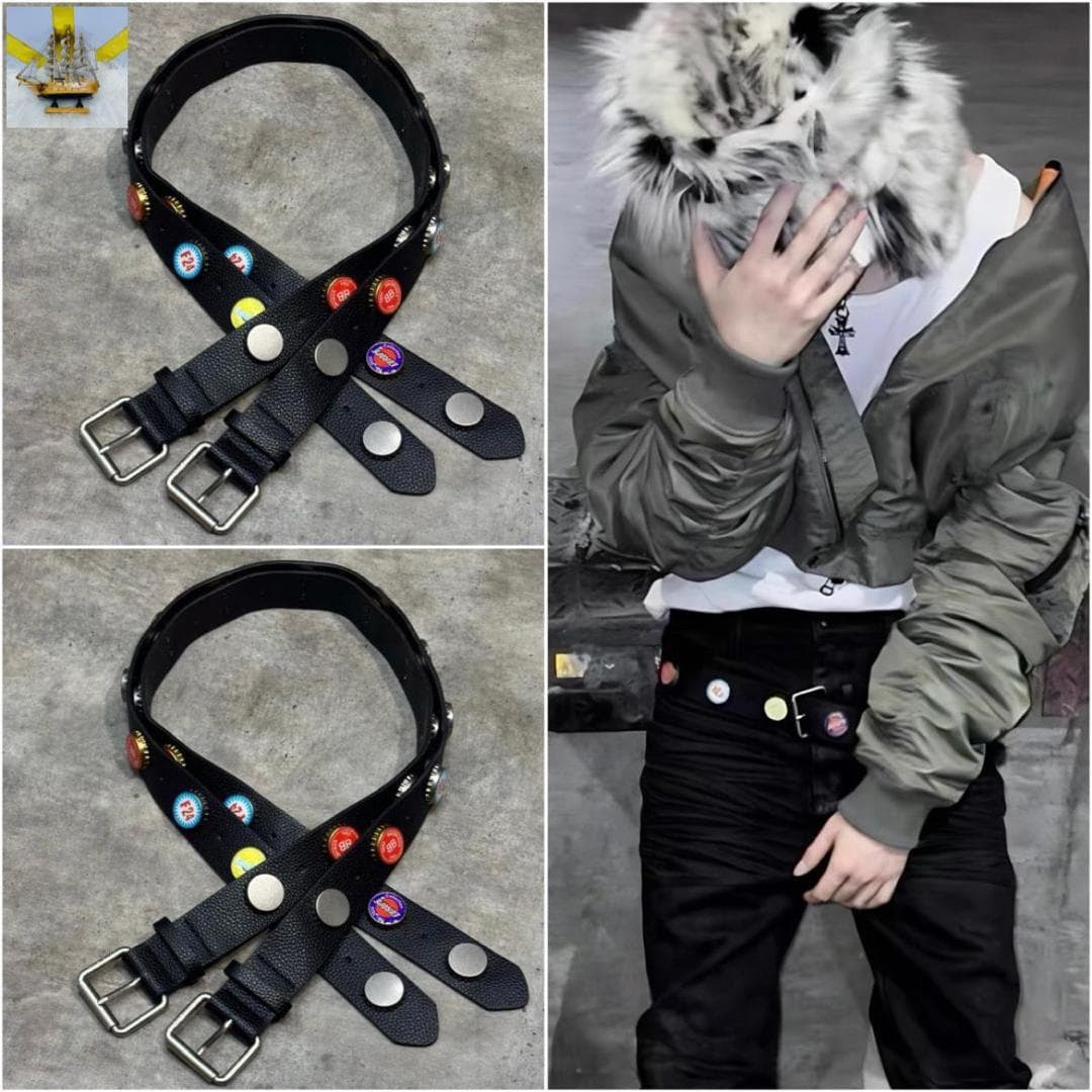 Black belt with bottle caps and model wearing similar belt with green jacket.