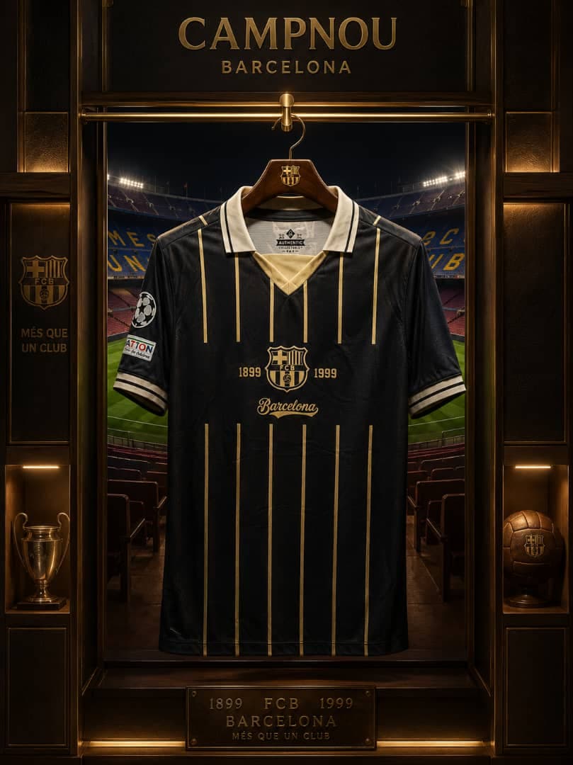 Navy and gold FC Barcelona anniversary jersey on display.