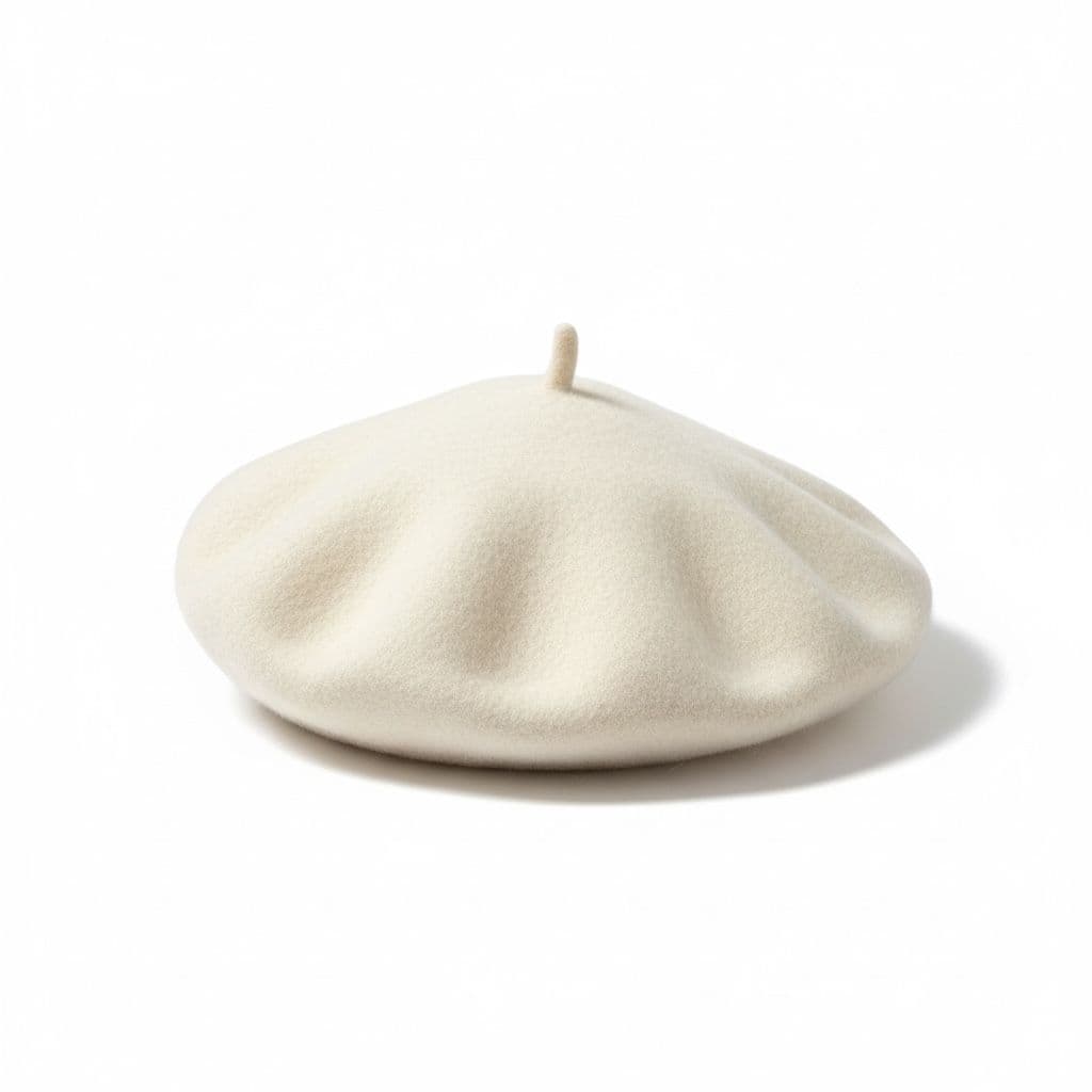 Cream wool beret on white background.