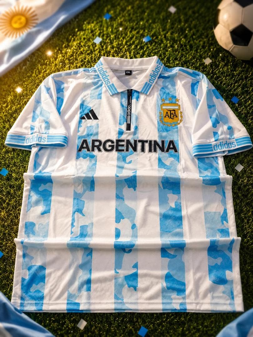 White and blue camo Adidas Argentina football jersey with crest and ARGENTINA text on grass.