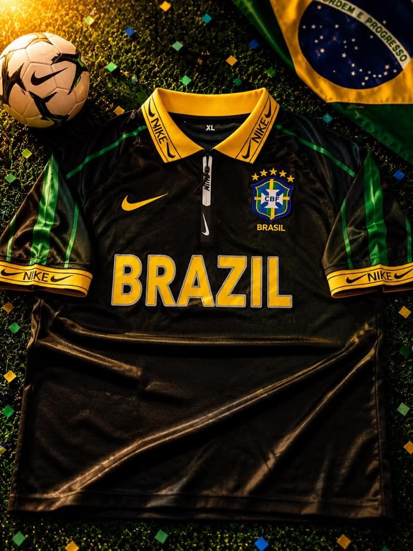 Black Nike Brazil football jersey with yellow accents, CBF crest and BRAZIL text on grass.