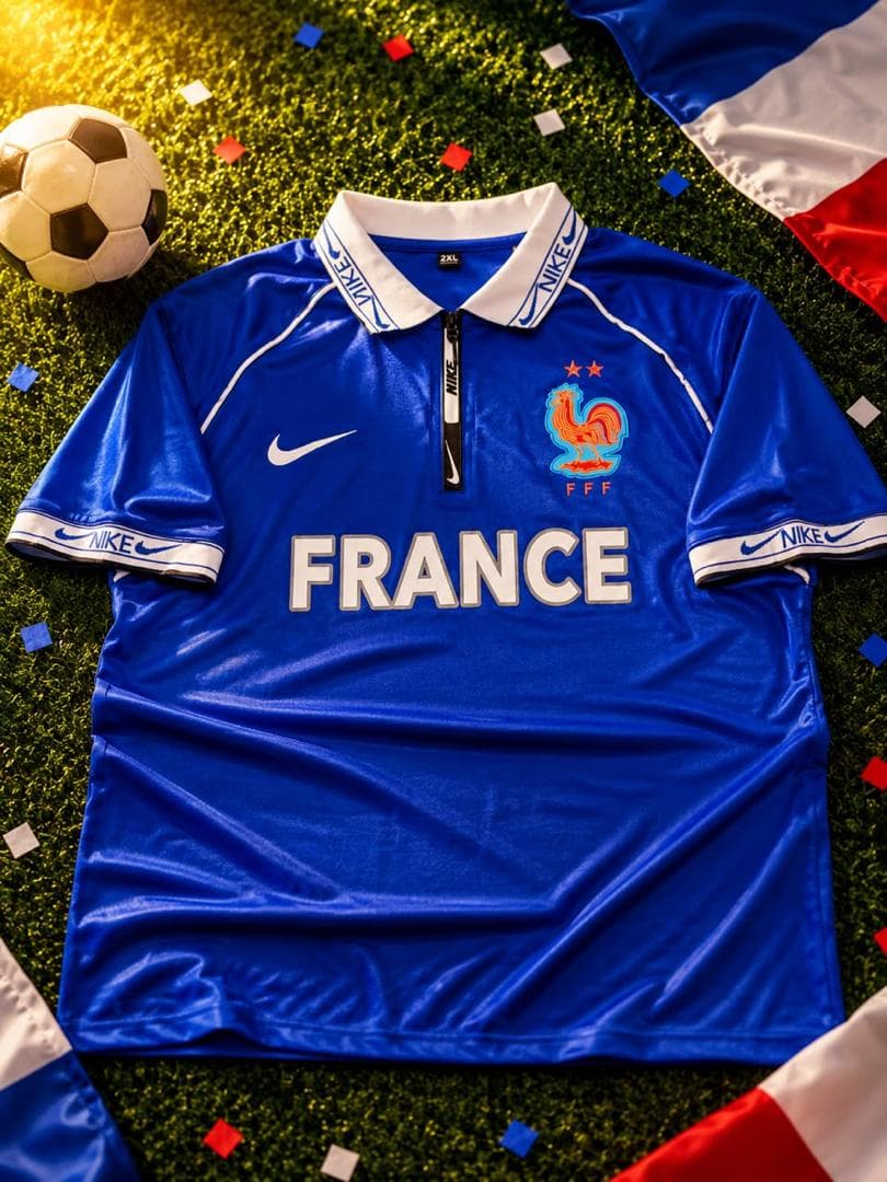 Blue Nike France football jersey with rooster crest, FRANCE text and zip collar on grass.