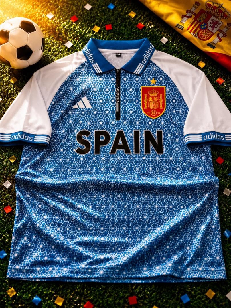 Blue Adidas Spain football jersey with white sleeves, geometric pattern and SPAIN text on grass.