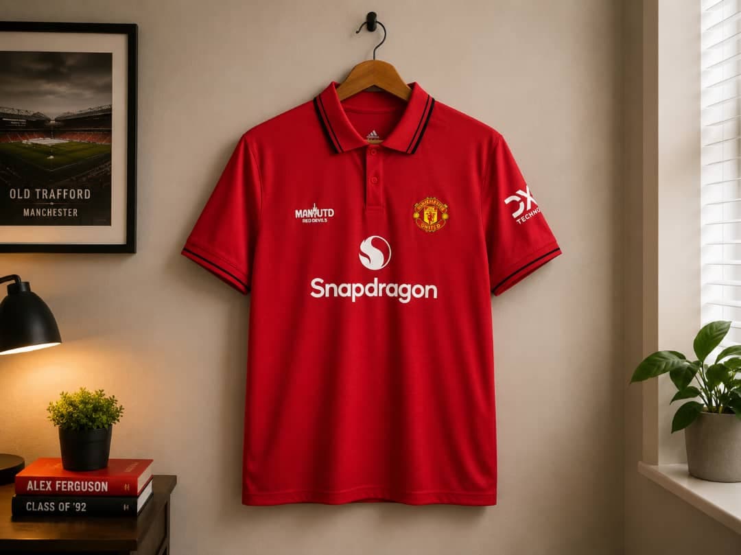 Red Adidas Manchester United polo jersey with Snapdragon logo.
