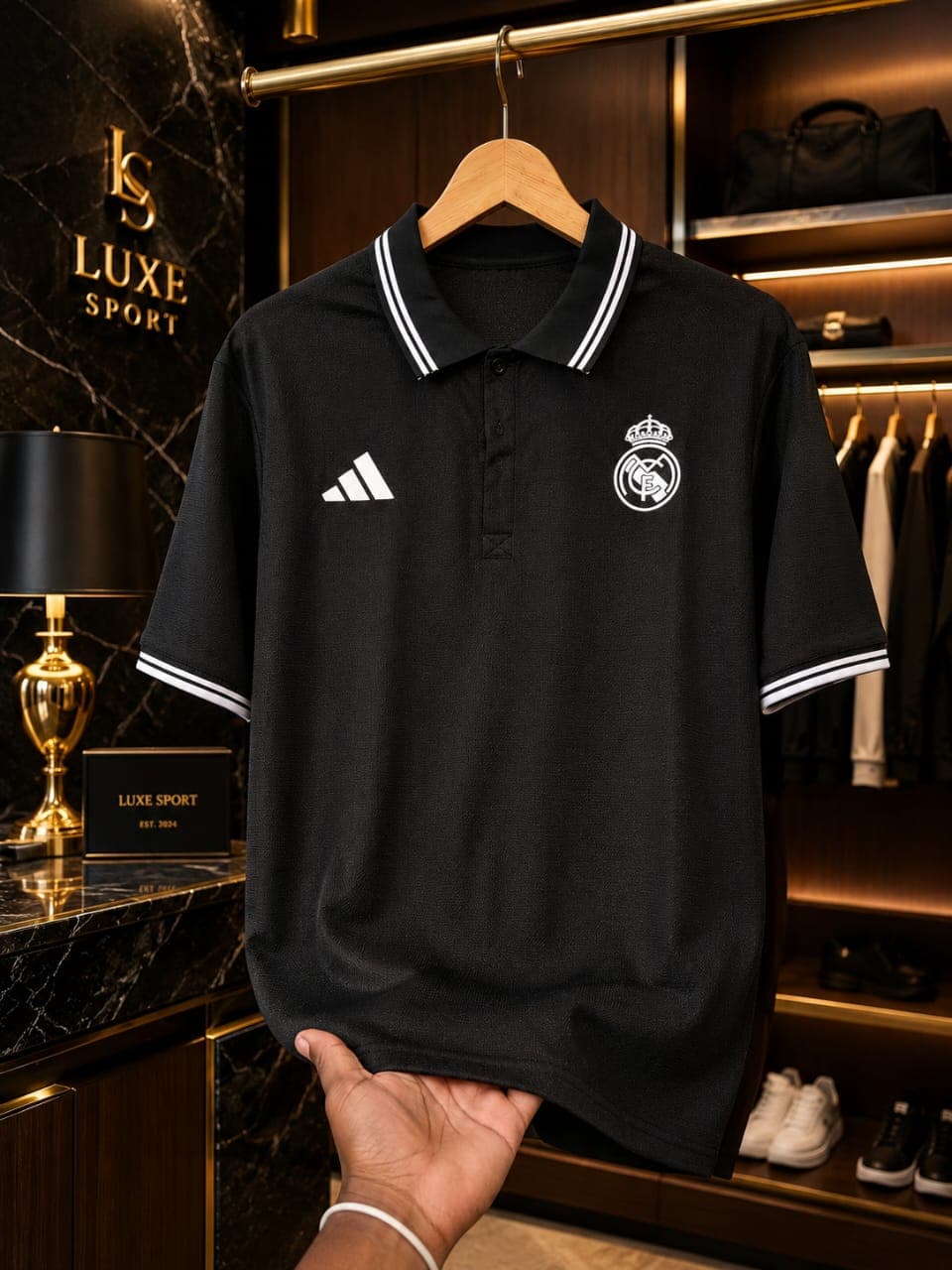 Black Adidas Real Madrid polo jersey with white crest and logos.