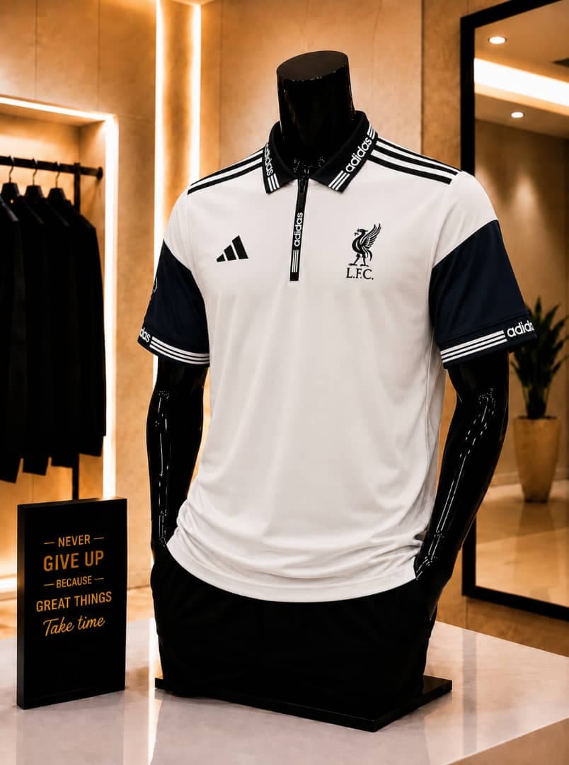 White and navy Adidas Liverpool polo jersey on mannequin.