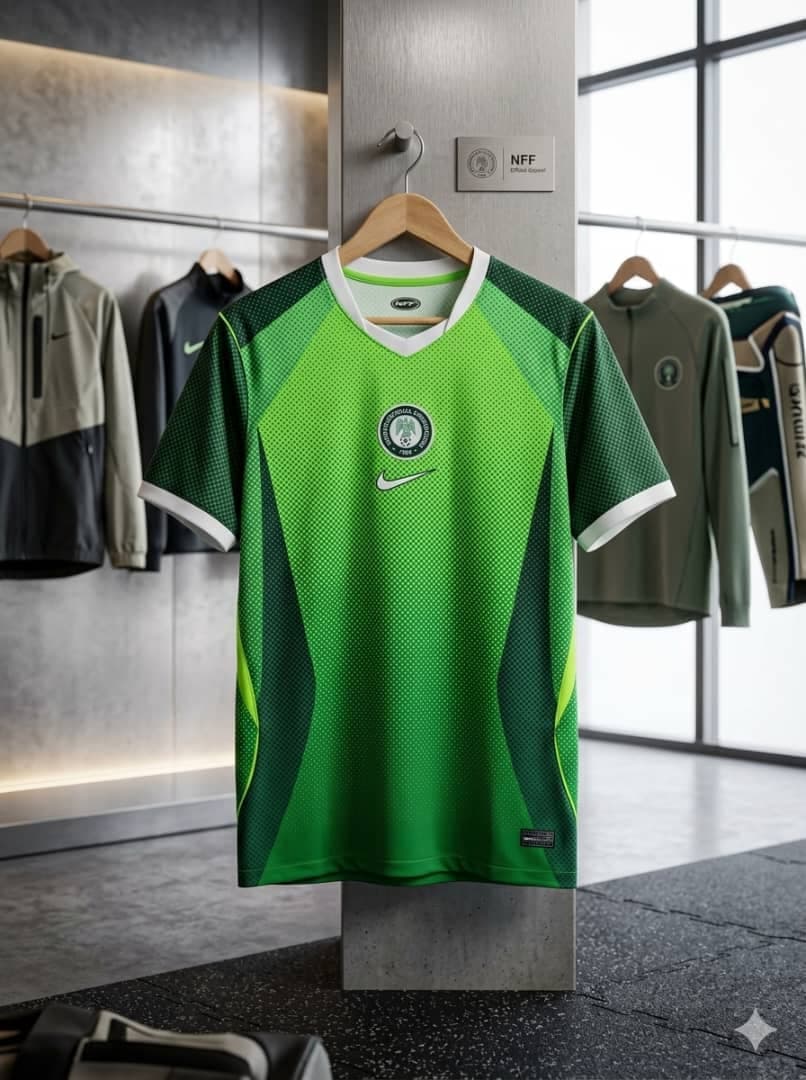 Green patterned Nike Nigeria NFF jersey hanging on display.