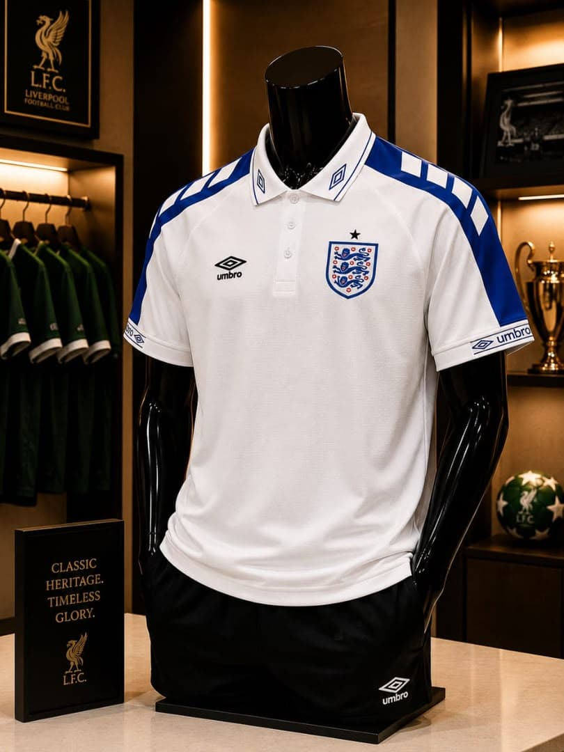 White Umbro England polo jersey on mannequin with trophies in background.