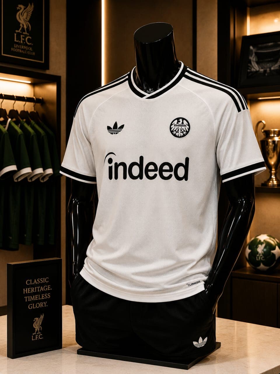 White Eintracht Frankfurt Adidas jersey on mannequin with indeed logo.