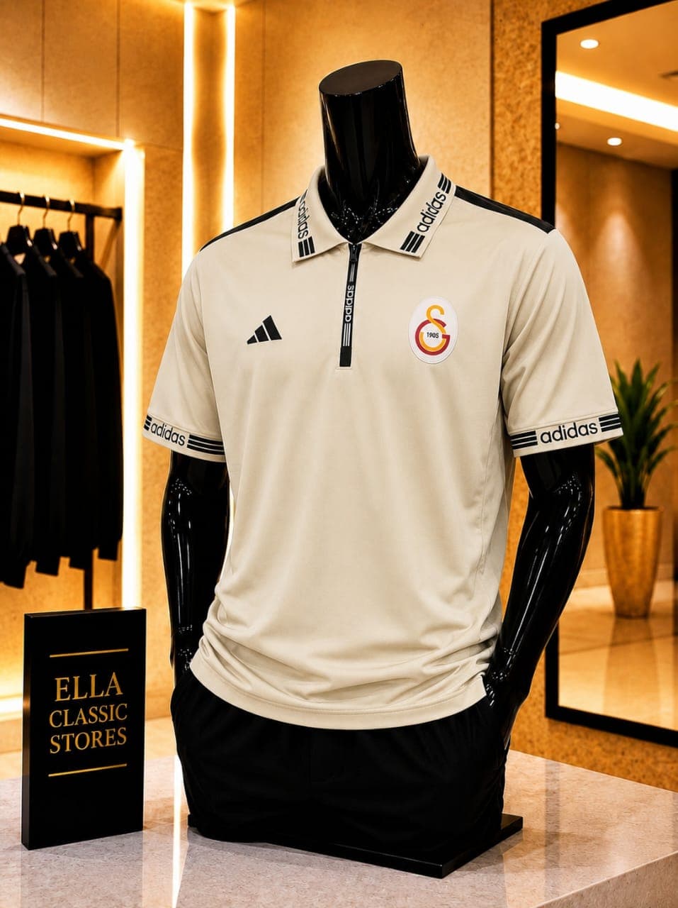Cream Galatasaray Adidas polo jersey on mannequin.