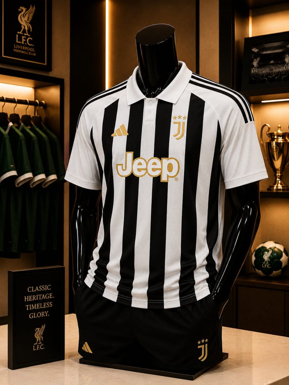 Black and white striped Juventus Adidas polo jersey on mannequin.