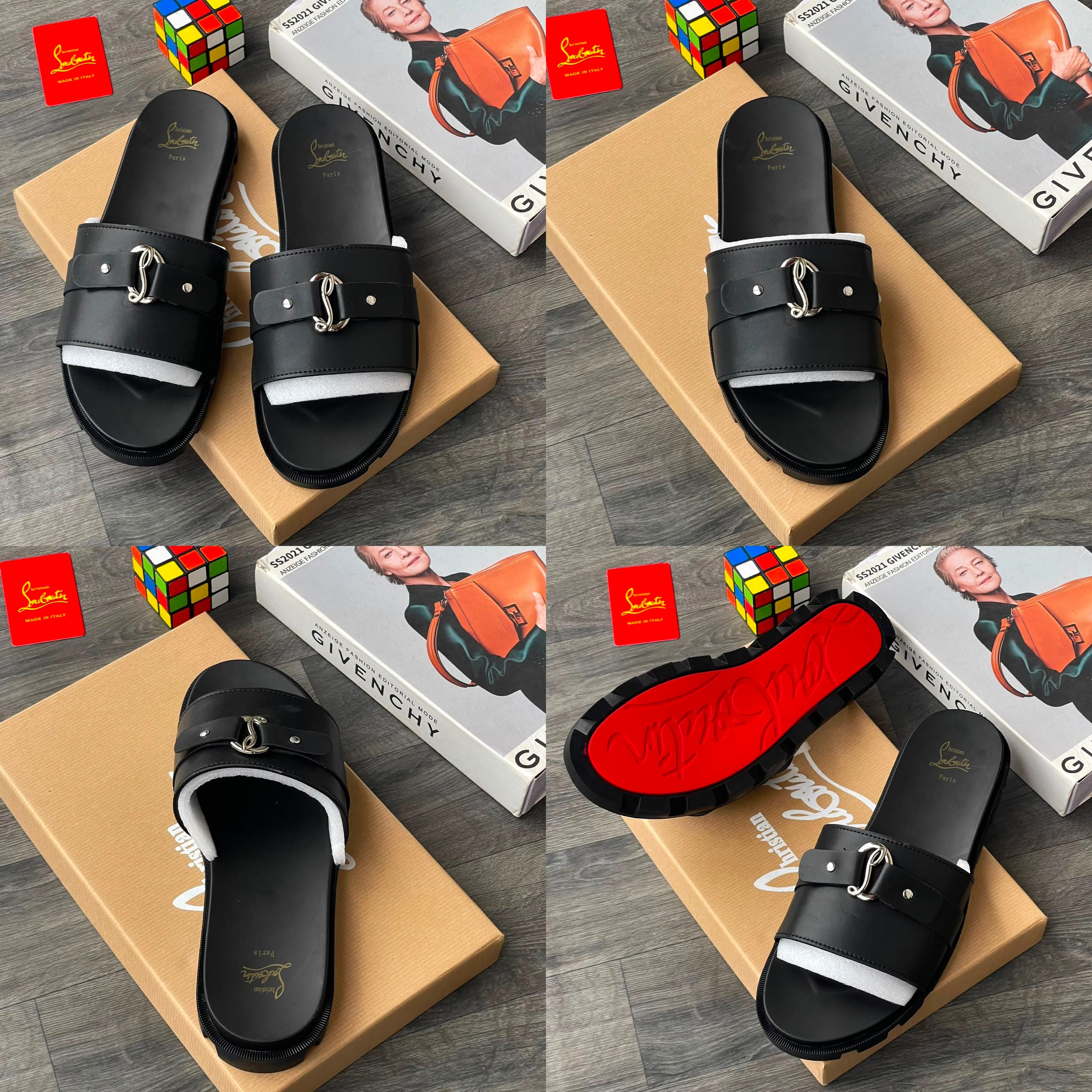 Christian Louboutin black leather sandals showing insole and buckle hardware.