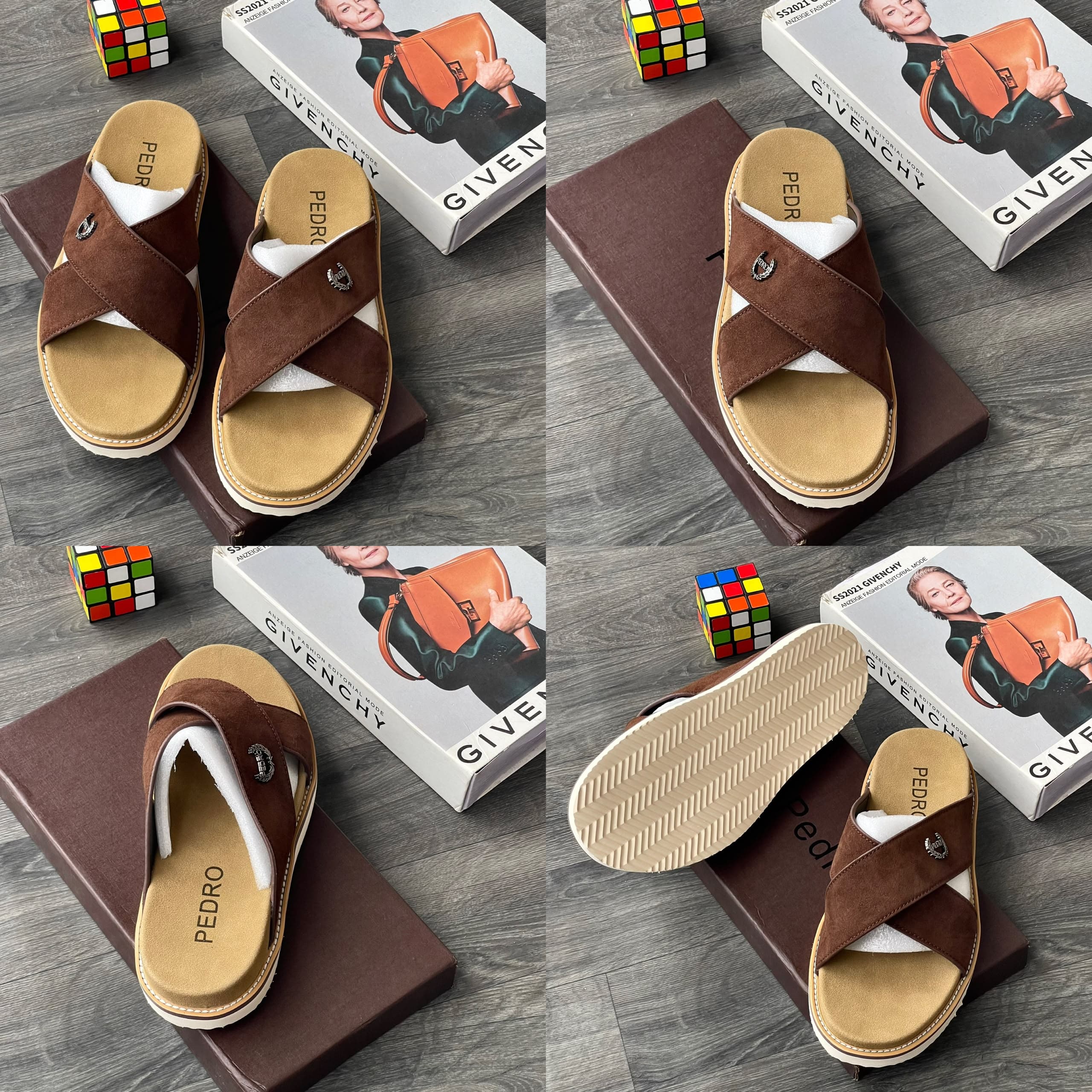 Brown Pedro crisscross suede slide sandals shown from multiple angles with props.