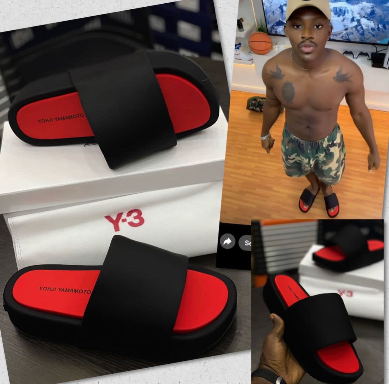 Collage showing Y-3 black platform slides with red soles, packaging and model wearing them.