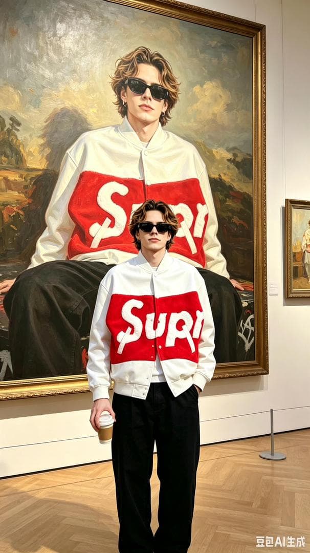 Man in white and red Supreme varsity jacket posing in an art gallery.