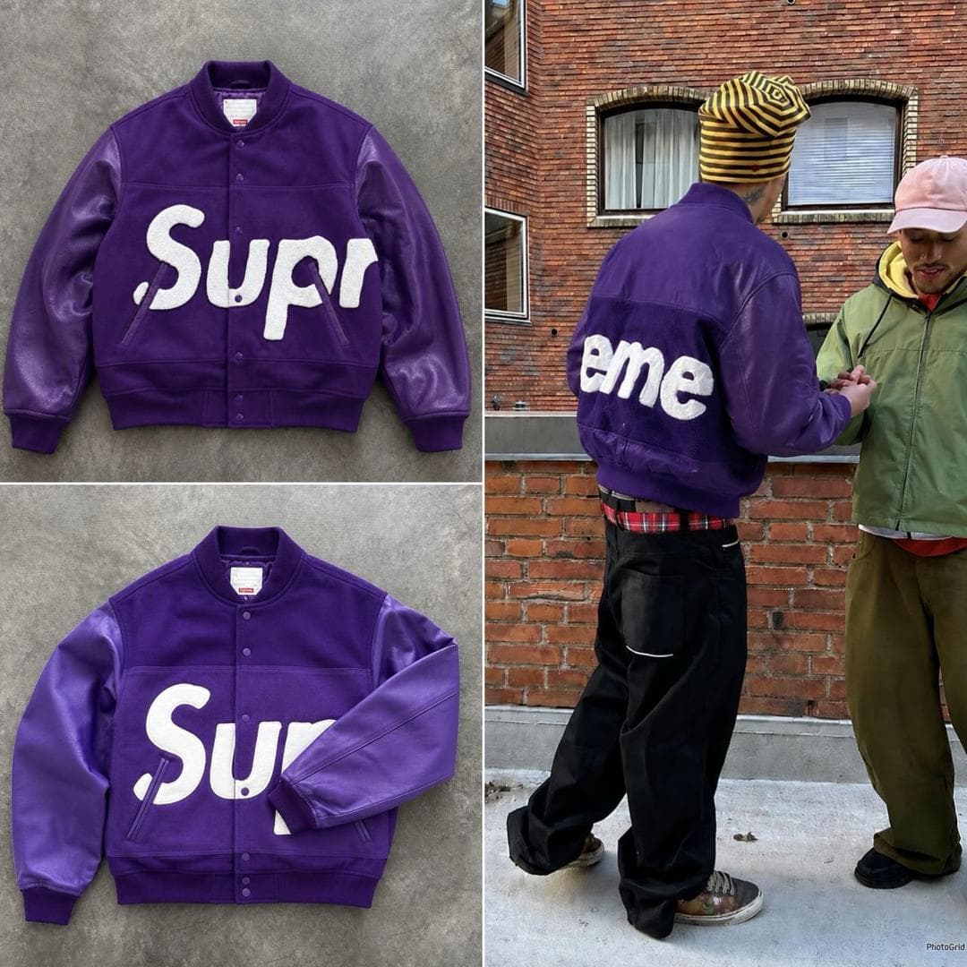 Purple Supreme varsity jacket shown in multiple flat lays and worn from the back.