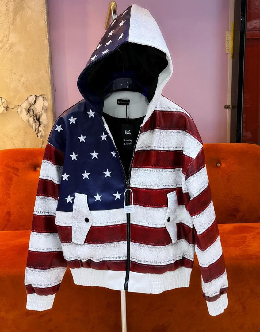 Front view of American flag hooded jacket on mannequin showing stars on blue section and red white stripes.