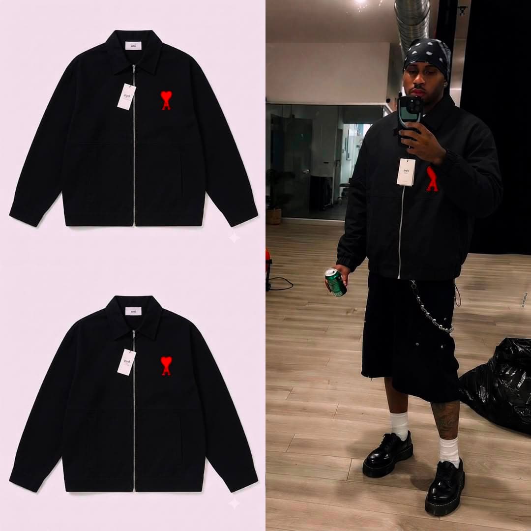 Black AMI heart logo zip-up jacket shown in flat lays and on model.