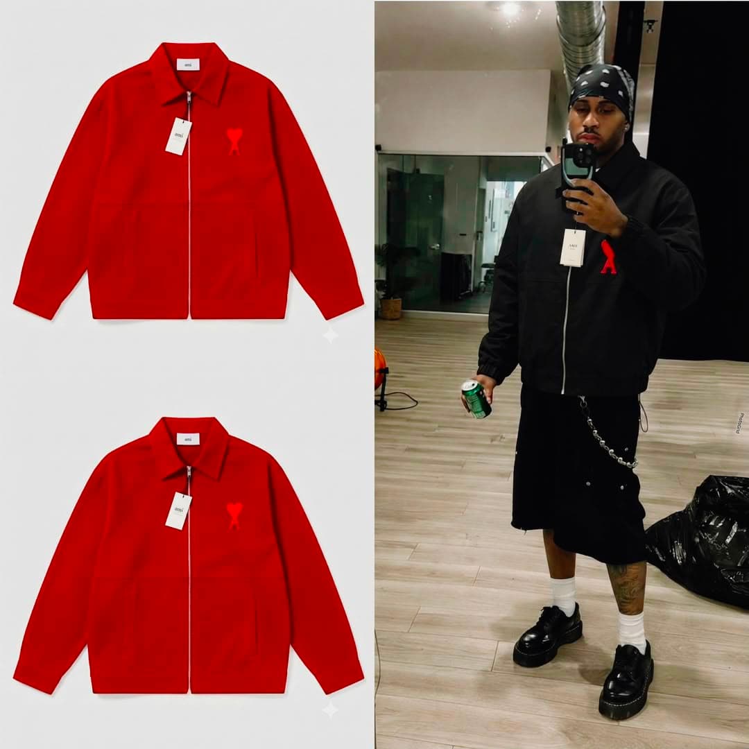 Red AMI heart logo zip-up jacket in flat lay views with model wearing black version.