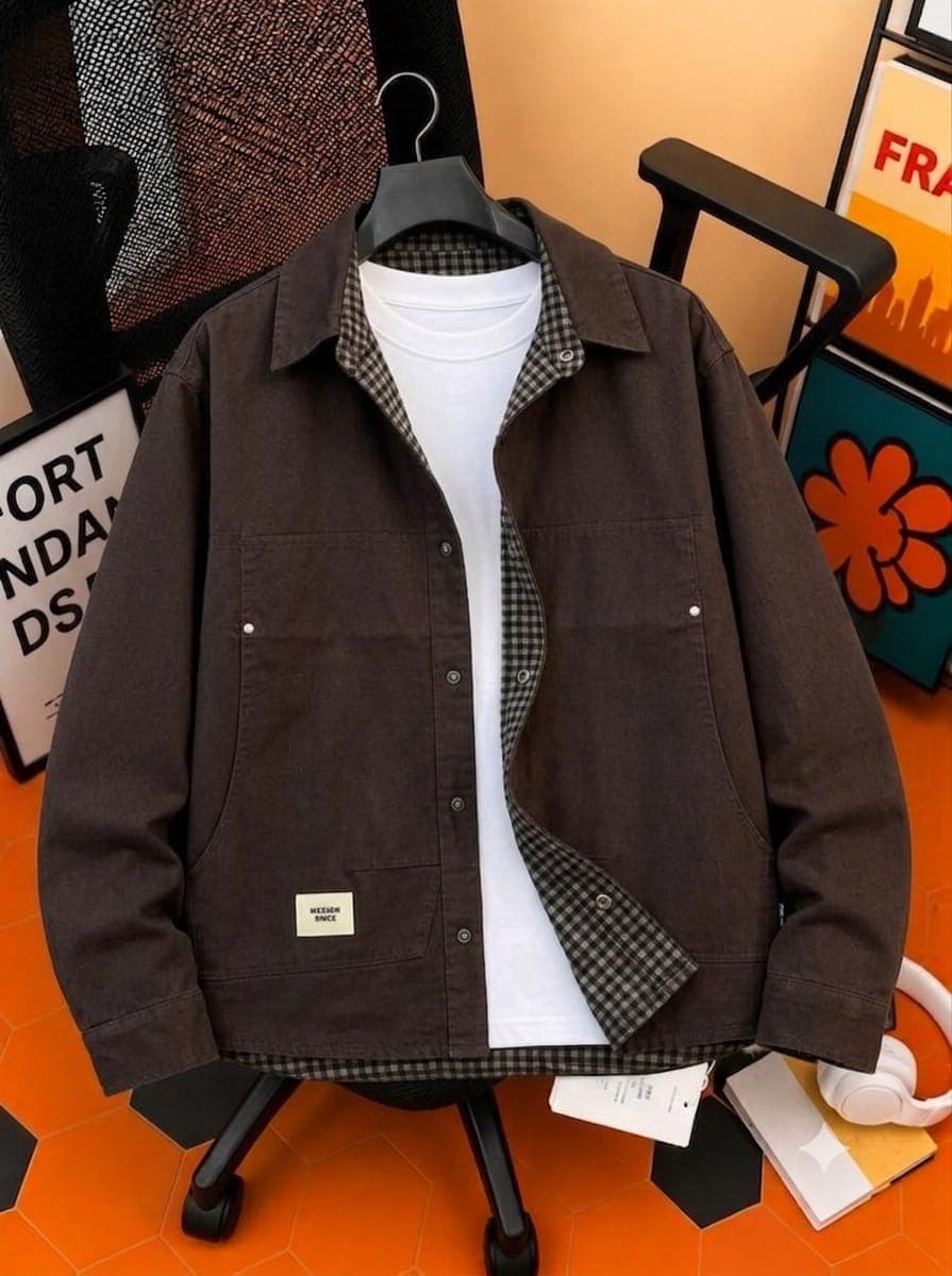 Brown twill jacket with gingham check lining and collar, shown over white t-shirt.