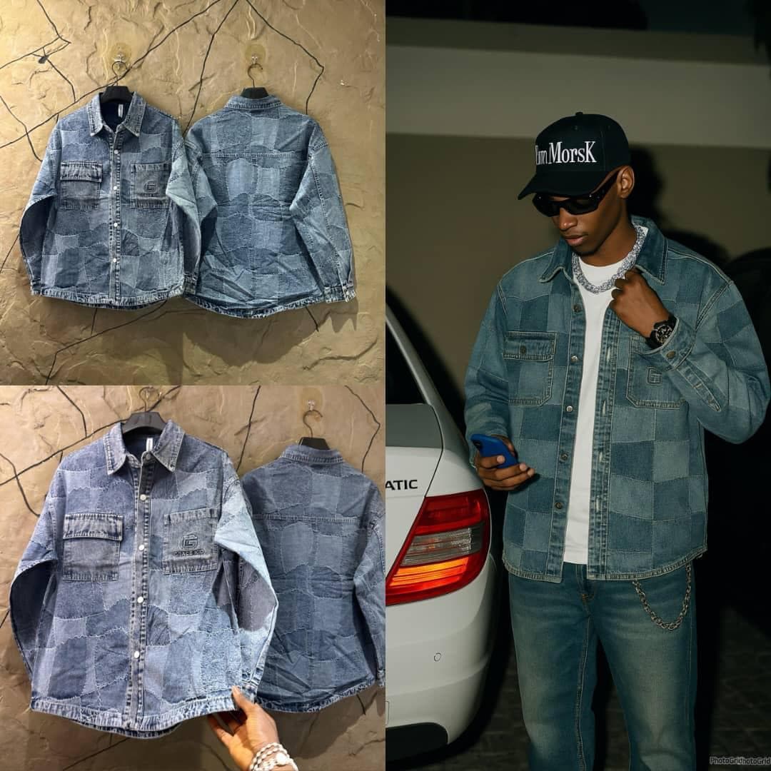 Front and back views of blue patchwork denim jacket with model wearing it.