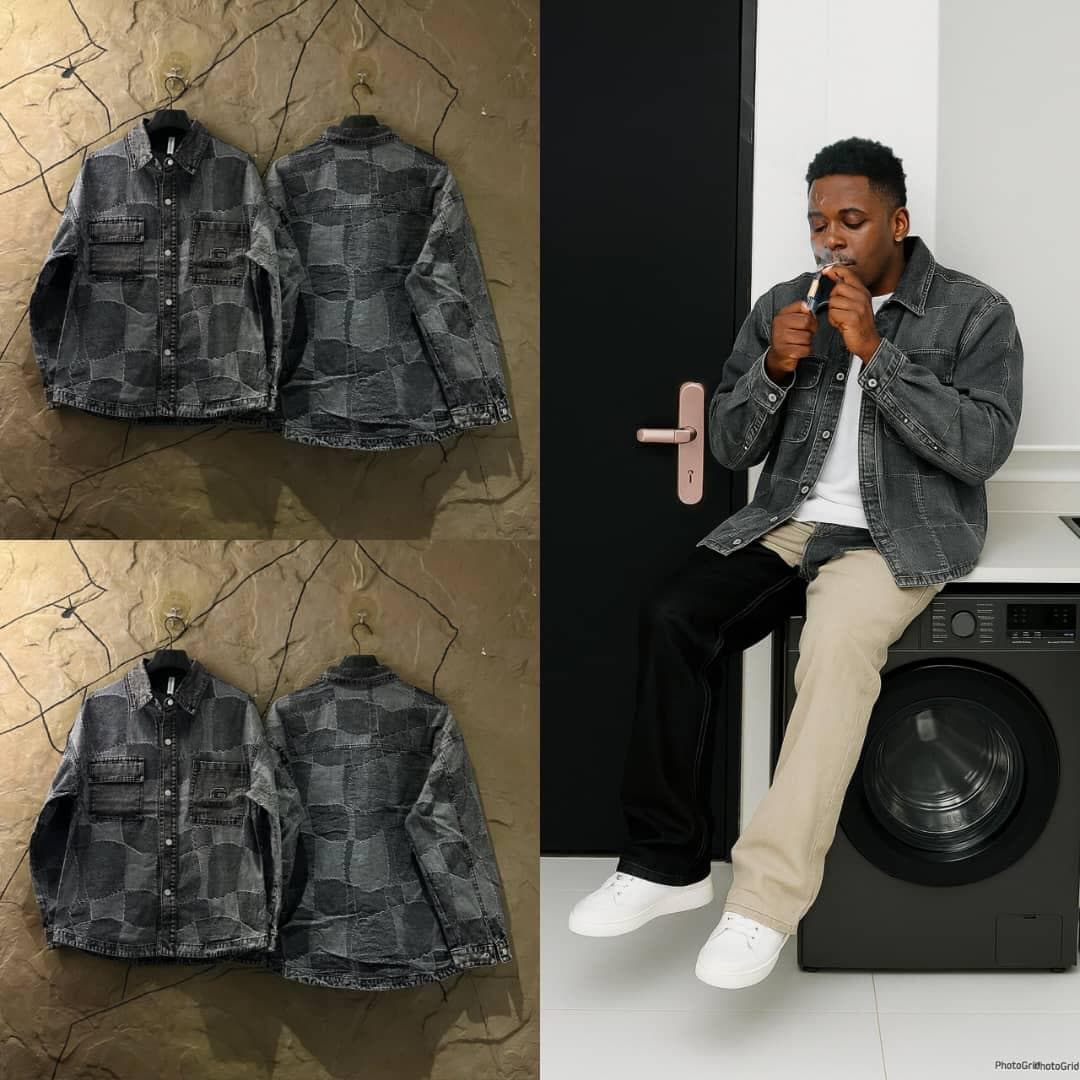 Front and back views of gray patchwork denim jacket with model wearing it.