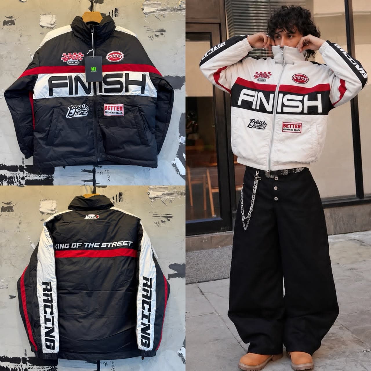 Collage of racing puffer jacket showing black flat lay front and back views plus model wearing white version with graphic prints.