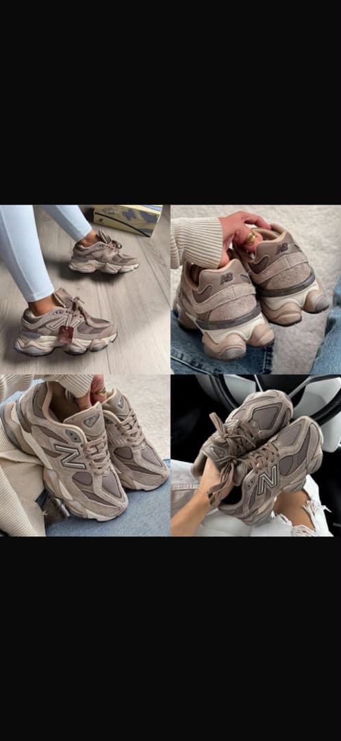 Lifestyle collage showing beige New Balance 9060 sneakers worn and held in various settings.