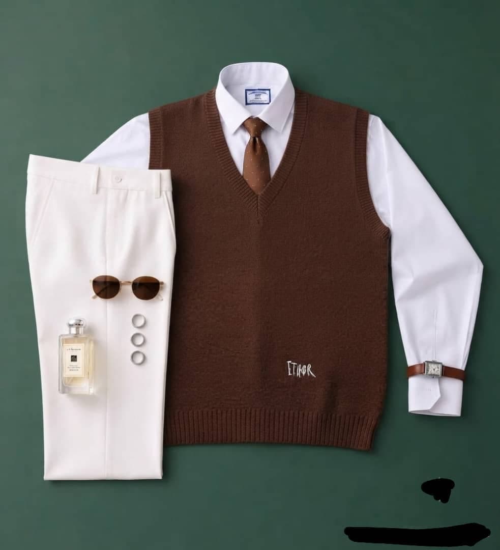 Brown ETHOR V-neck knit vest with white shirt, brown tie, white trousers and accessories.
