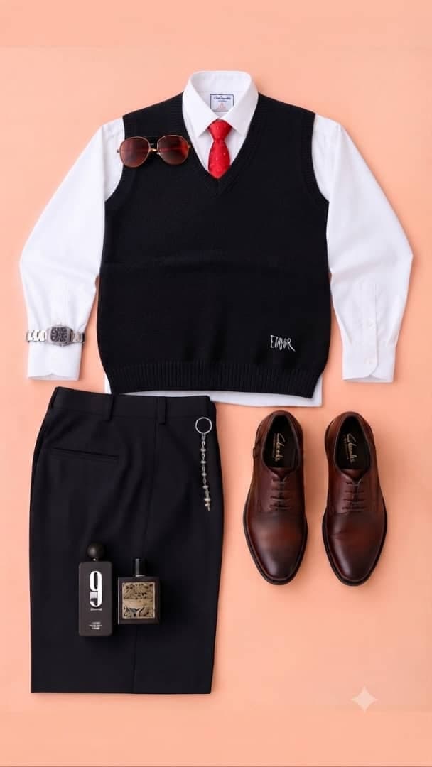 Black ETHOR V-neck knit vest over white shirt with red tie, black trousers and brown shoes.