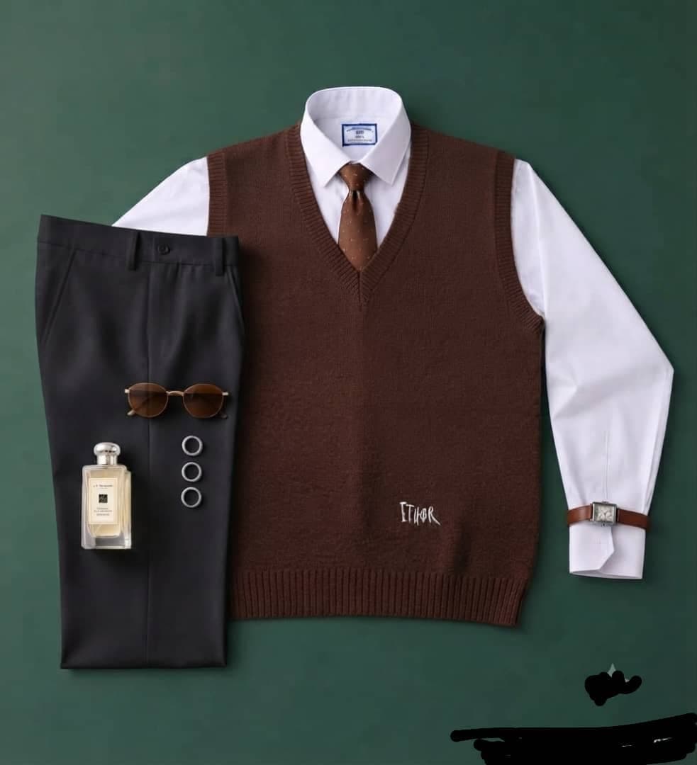 Brown ETHOR V-neck knit vest with white shirt, brown tie, black trousers and accessories.