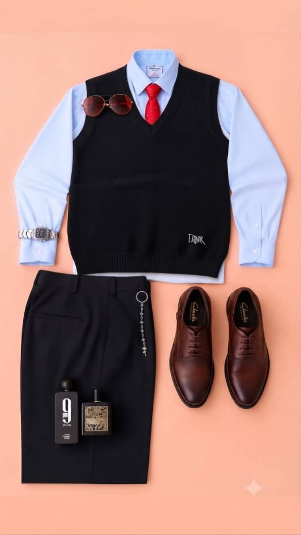 Black ETHOR V-neck knit vest with light blue shirt, red tie, black trousers and accessories.