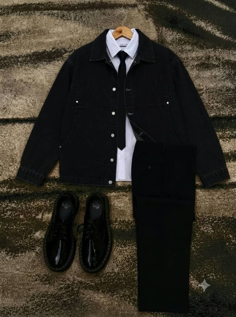 Black denim jacket with white shirt, black tie, black trousers and shoes laid flat on textured rug.