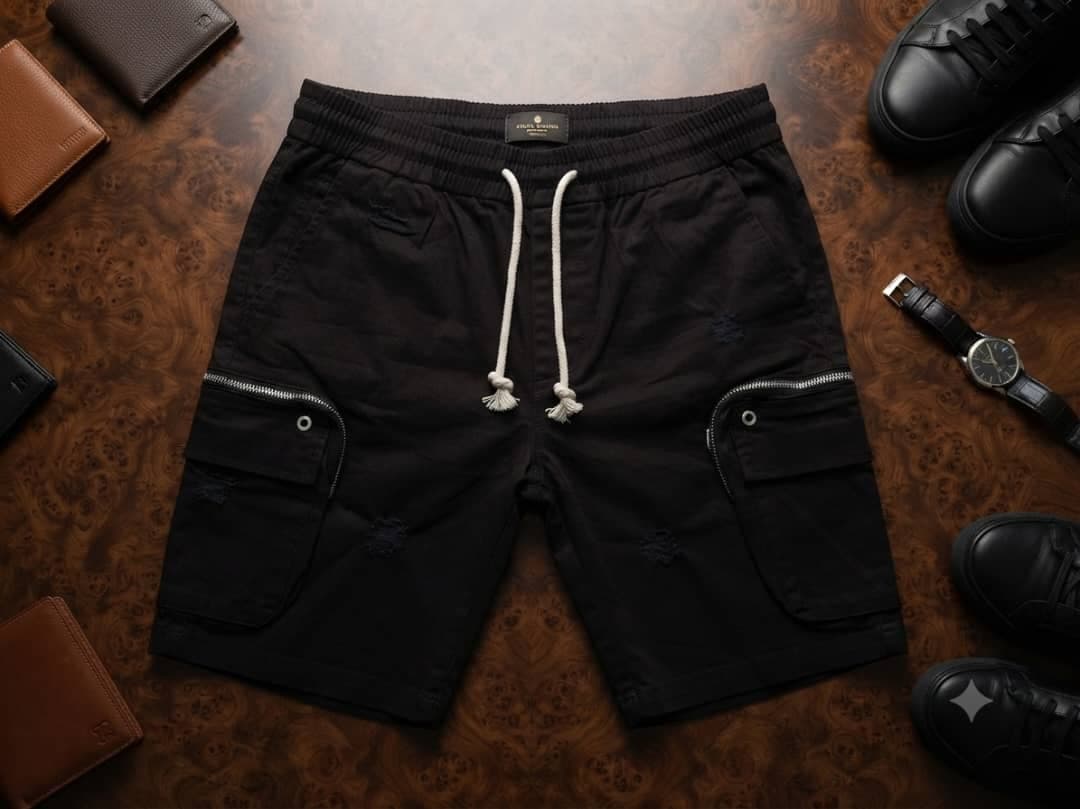 Black unisex combat cargo shorts with drawstring and zip pockets on wooden background.