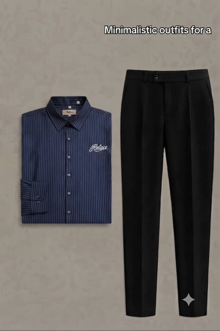Folded Palais navy striped shirt placed beside black tailored trousers.