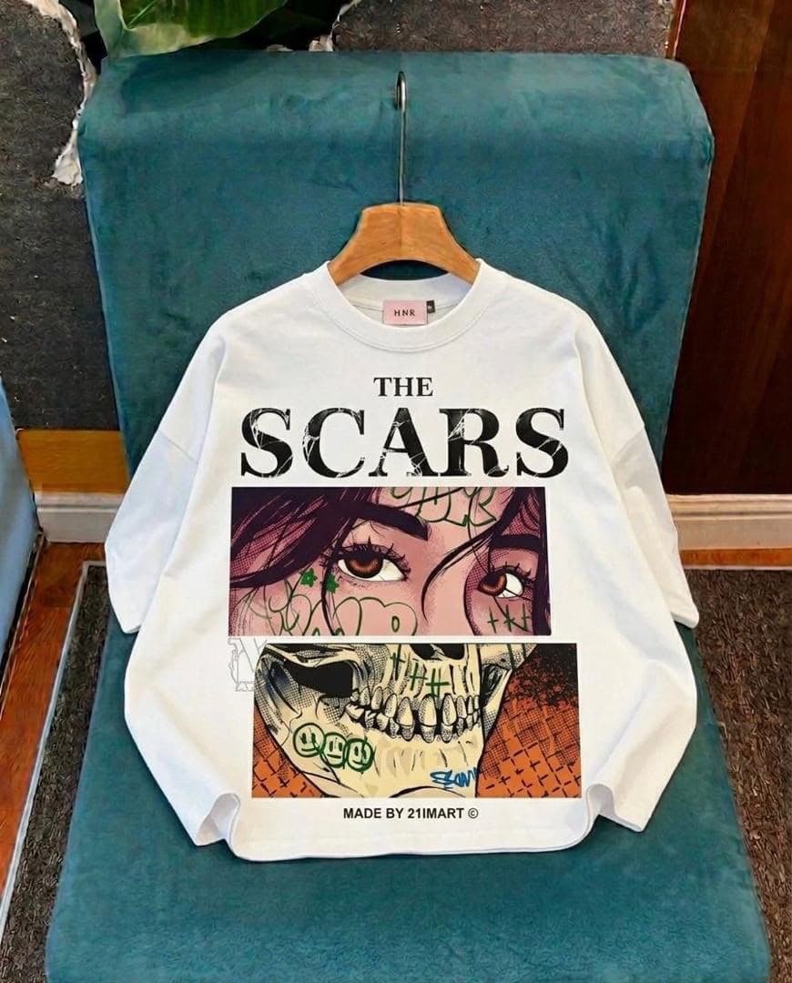 White long sleeve tee with The Scars comic face and skull graphic.