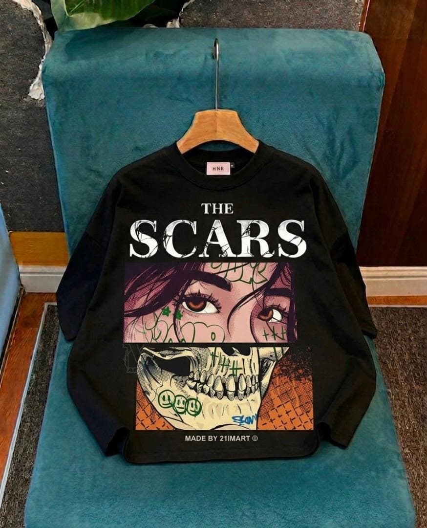 Black long sleeve tee with The Scars comic face and skull graphic.