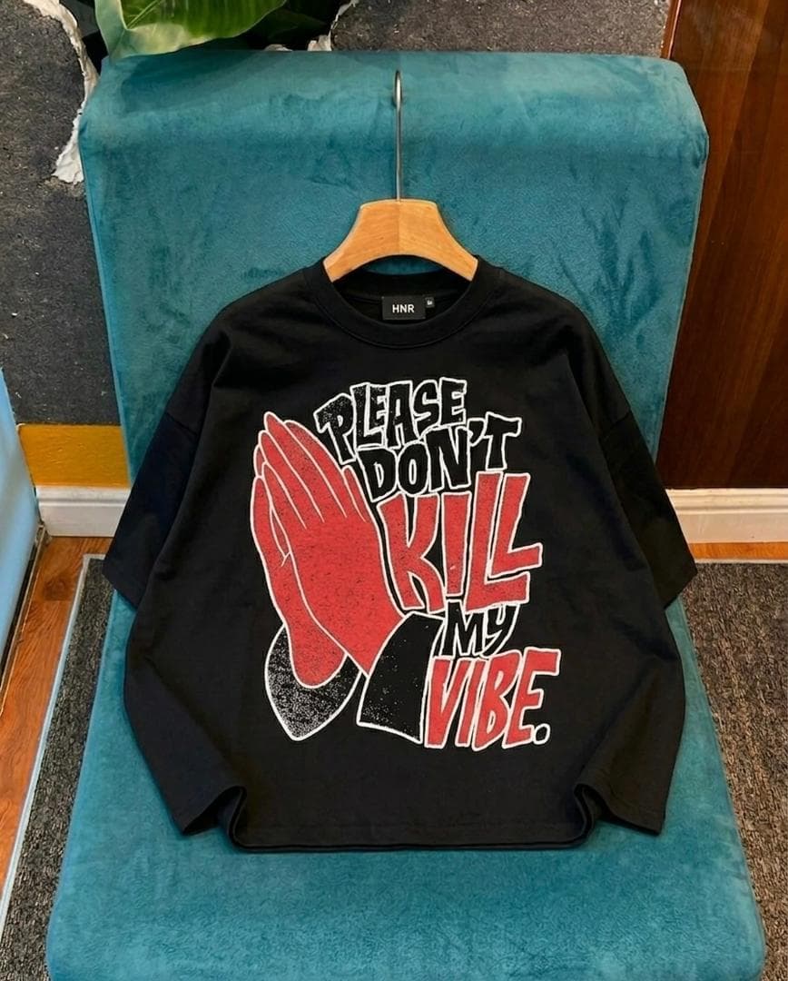 Black long sleeve tee with red praying hands Please Don't Kill My Vibe graphic.