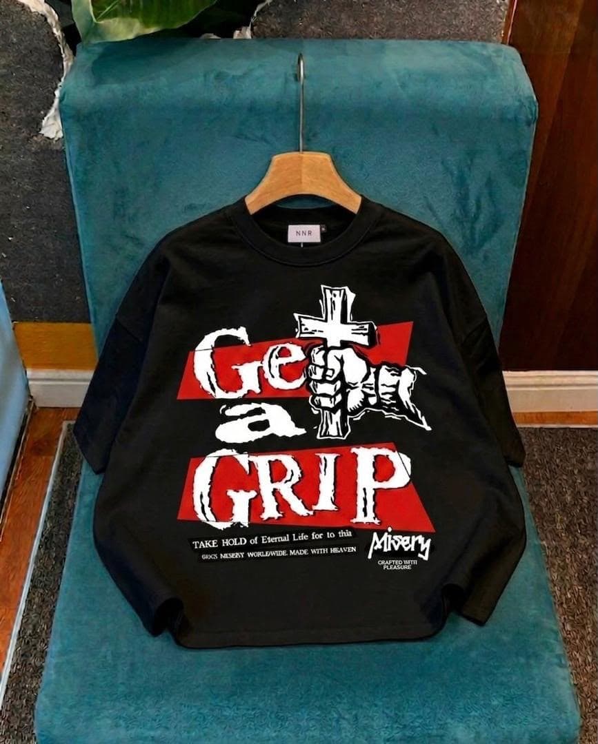 Black long sleeve tee with Get a Grip fist and cross graphic.