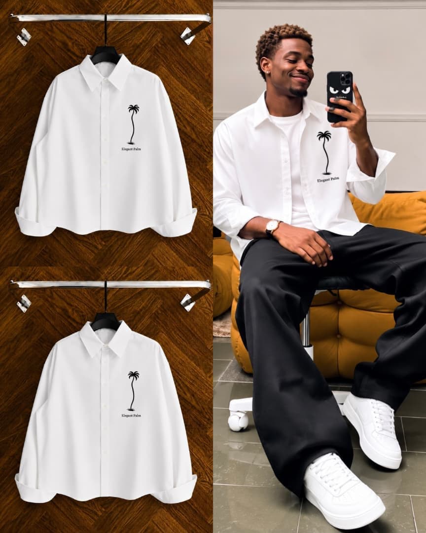 White long sleeve Elegant Palm shirt on model taking selfie and on hangers.
