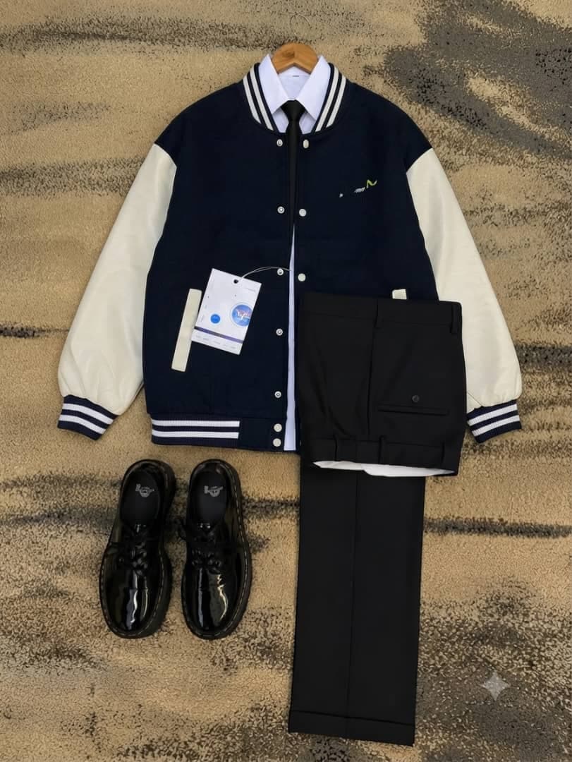 Navy varsity jacket with white sleeves styled with white shirt, black tie, trousers and shoes.