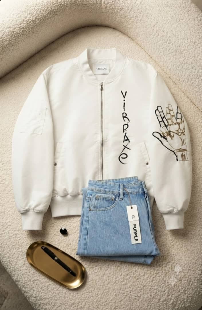 White VIBBANE bomber jacket with black skeleton hand and VIBRA text laid out with light denim shorts on textured surface.